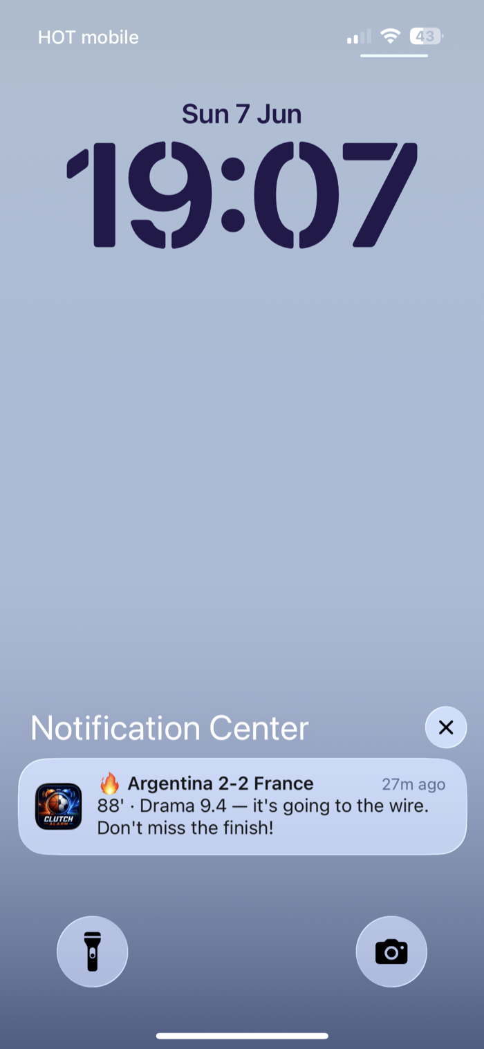 iPhone lock screen with a loud Clutch Alarm notification: Argentina 2–2 France, drama 9.4